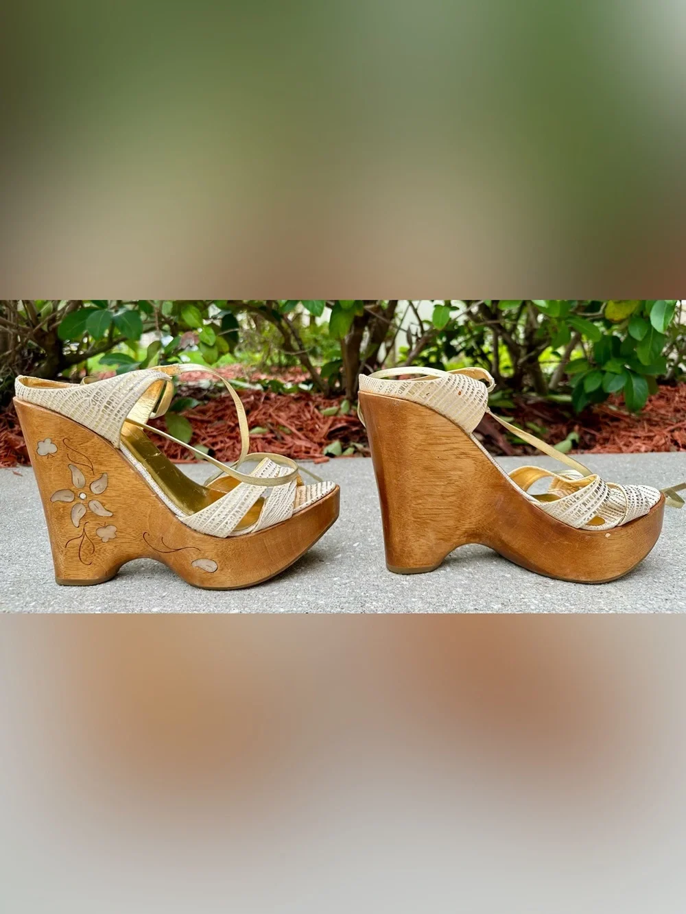Vintage Report Signature Wood Wedge Sandals Size 10 Strappy Lace-Up Boho Y2K